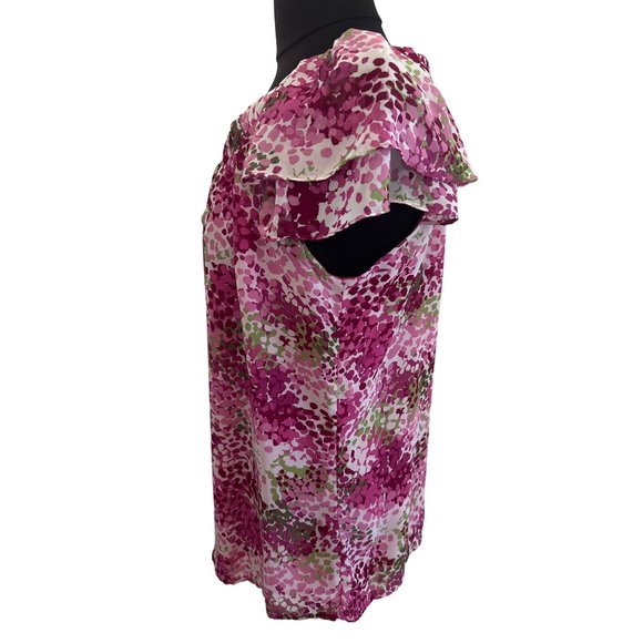 Fred David Pink & Green V Neck With Tie, Short Flutter Sleeve Top, Medium - Picture 2 of 7